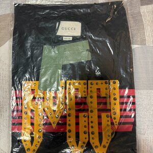 GUCCI Studded Logo-Print Cotton-Jersey T-shirt Black EUR Size XXL BNWT
